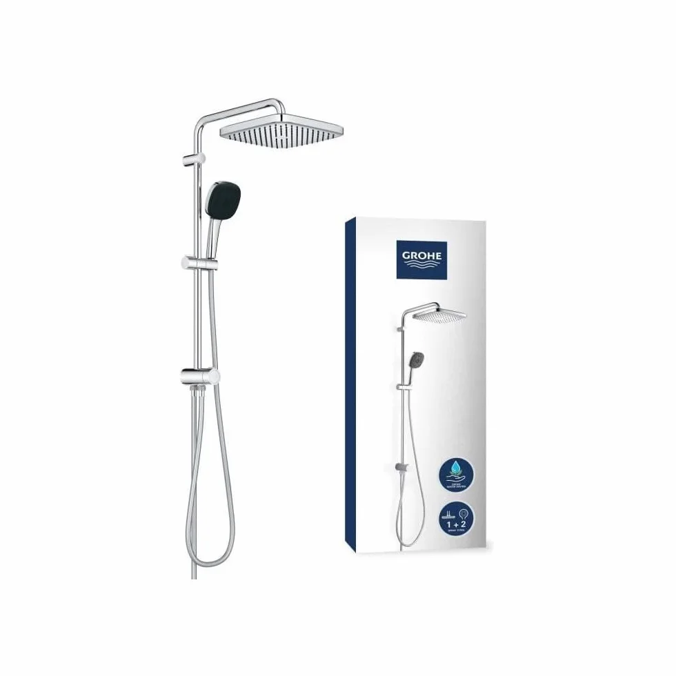 Grohe Vitalio 250 system prysznicowy z przełącznikiem, oszczędność wody 8 l na min (do istniejących armatur, 2 rodzaje strumienia, drążek prysznicowy 74 cm), prostokątny, chrom, 26698001