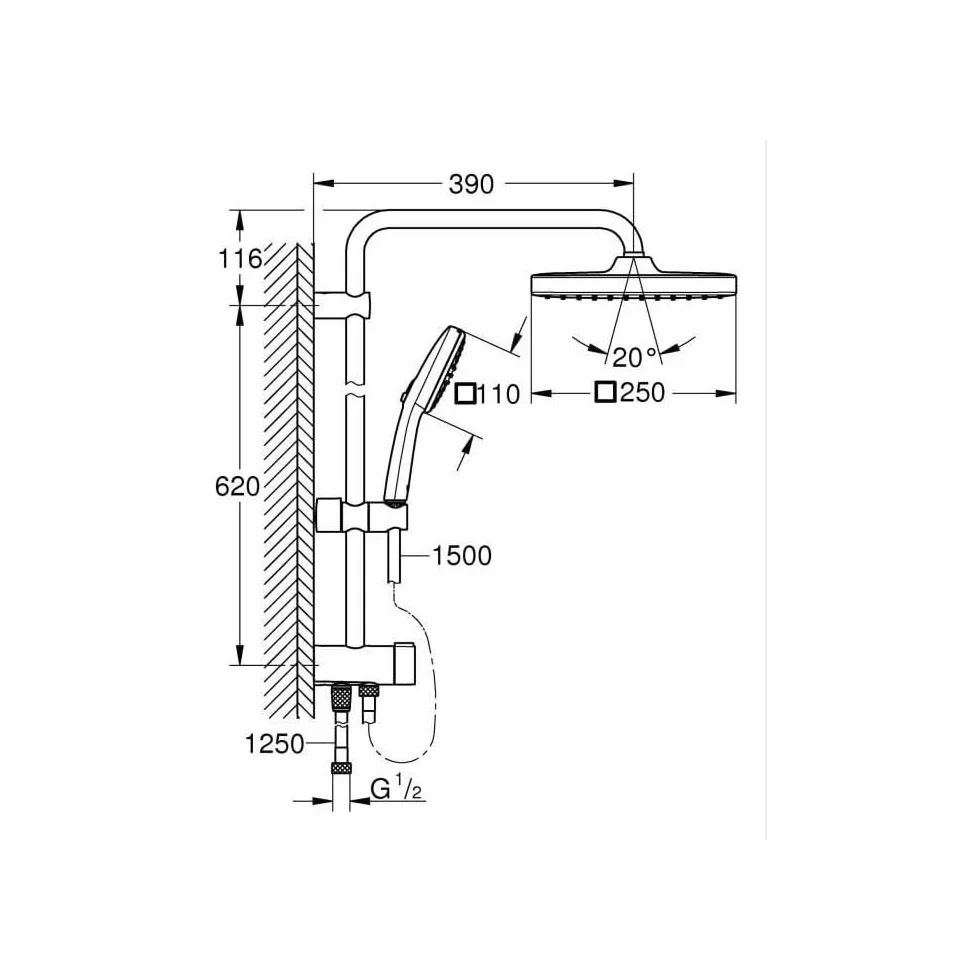 Grohe Vitalio 250 system prysznicowy z przełącznikiem, oszczędność wody 8 l na min (do istniejących armatur, 2 rodzaje strumienia, drążek prysznicowy 74 cm), prostokątny, chrom, 26698001
