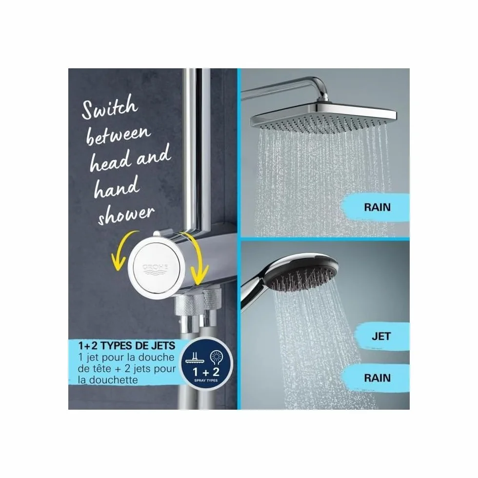 Grohe Vitalio 250 system prysznicowy z przełącznikiem, oszczędność wody 8 l na min (do istniejących armatur, 2 rodzaje strumienia, drążek prysznicowy 74 cm), prostokątny, chrom, 26698001
