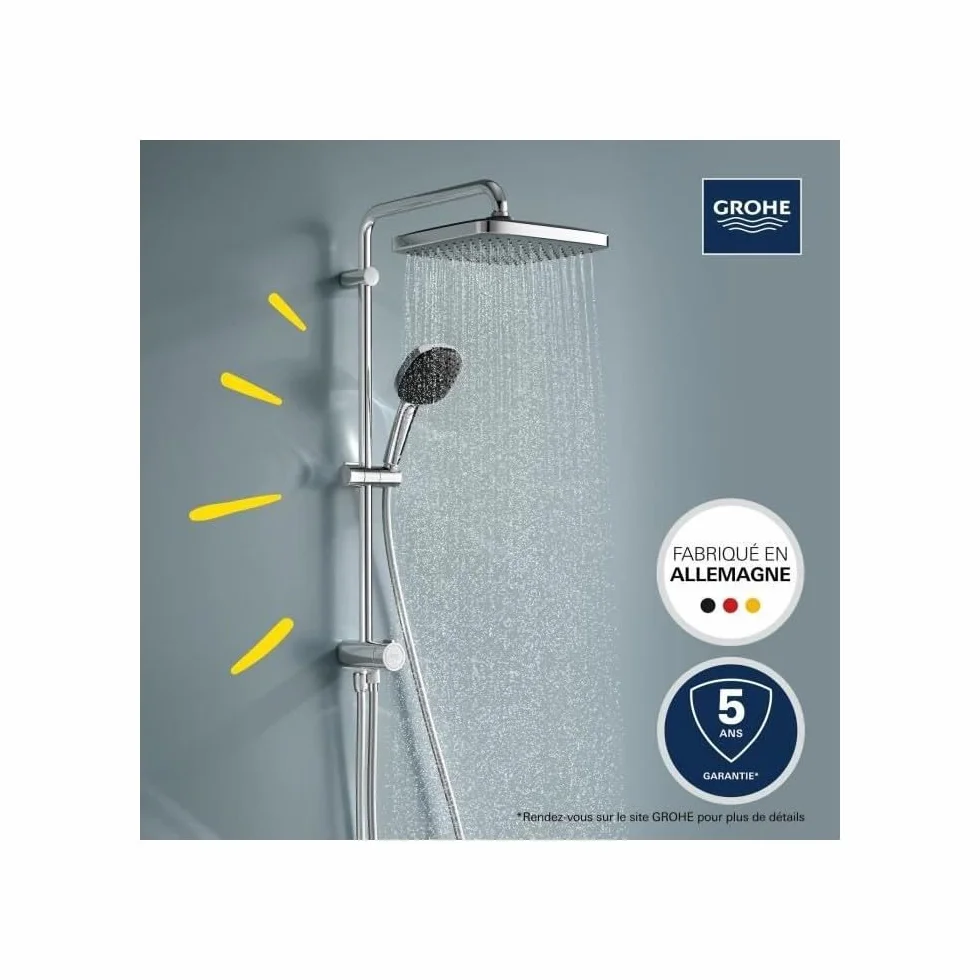 Grohe Vitalio 250 system prysznicowy z przełącznikiem, oszczędność wody 8 l na min (do istniejących armatur, 2 rodzaje strumienia, drążek prysznicowy 74 cm), prostokątny, chrom, 26698001